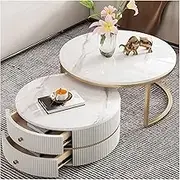 Coffee End Table 27''Round Nesting Coffee Table，Set of 2 Modern End Table with Faux Marble Desktop & Sturdy Metal Frame，with Storage Drawers, Nesting Side Tea Table for Living Room, Apartment, Office