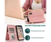 For iPhone XS Max Case, Leather Zipper Purse Flip Cover Case with Card Slot Holder Wrist Strap Lanyard (Pink)