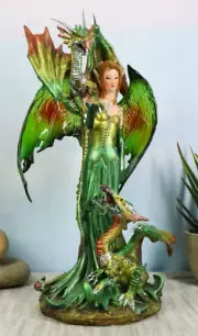 Myth And Legends Emerald Elf Fairy With Two Green Guardian Dragons Figurine 9"H