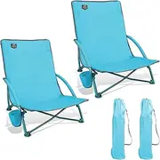 LANMOUNTAIN 2 Pack Low Beach Chair,Folding Recliner Camping Chair for Adults,Lightweight Backpacking Low Seat Camping Chairs with Cup Holder, Carry Bag for Outdoor Camp Lawn Picnic Festival,Blue
