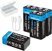 Rechargeable 9V Batteries, 4400mWh High Capacity, Long Lasting Power, USB Recharge with Type-C Cable for Smoke Alarms, Multimeters, Remote Controller, Electric Guitar, Intercom (4Pcs)
