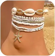 [Qceasiy] Bead Ankle Bracelets Set For Women, Adjustable Gold Boho Shell Anklet, Hawaiian Beach Seashell Pearl Disc Starfish Conch Foot Jewelry, Summer Fashion Gifts