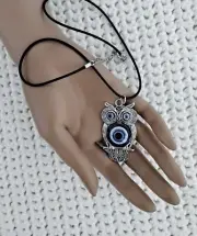 Stunning Owl Pendant NEW Necklace Silver Tone Leather Cord Evil Eyes Beautiful