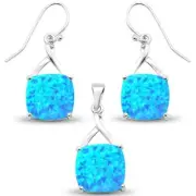 New Blue Opal Cushion Dangle Earring & Pendant .925 Sterling Silver Set