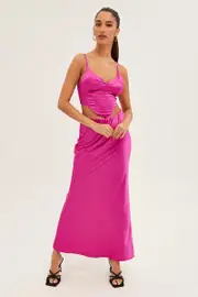 Pink Maxi Skirt Low Rise Elastic Waist Satin - Size 8, Women's Maxi Skirt
