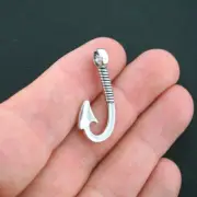 BULK 40 Fish Hook Charms Antique Silver Tone 3D - SC4247