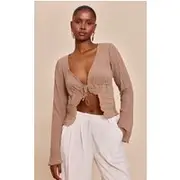 Mushroom Sheer Plisse Tie Front Flute Sleeve Blouse, Mushroom
