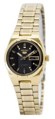 Seiko 5 Automatic SYM602K1 Black Dial Day/Date Gold Tone Case/Bracelet Ladies Womens Watch