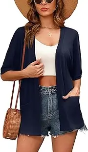 [Skrfez] Women's Lightweight Open Front Cardigans Short Sleeve Casual Soft Drape Cardigan S-2XL with Pockets