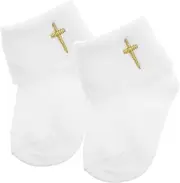 Veemoon 1pair Soft Cotton Boy Girl Baptism Socks Newborn Ankle Socks for Year Old Stylish Turn Design Breathable Cotton Anointing Booties Cross Embroidery