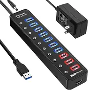 vantisan Powered USB 3.0 hub, 11-Port USB Hub Splitter Extension （7 USB 3.0 Data Ports + 4 Smart Charging Ports） with Separate LED On/Off Switches and 12V/3A Power Adapter for USB Devices.