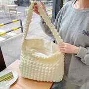 Plain Quilted Bubble Light Tote Bag Beige - One Size