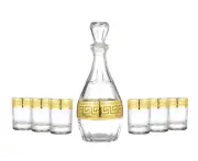 8-pc Gold Rimmed Decanter w/ Shot Glasses Set - Greek Key Lead Free Glassware