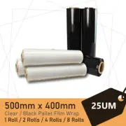 1/2/4/8 Rolls 500mmx400m 25UM BLACK CLEAR Stretch Film Pallet Wrap Carton Shrink