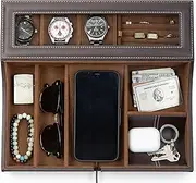 HOUNDSBAY Navigator Large Dresser Valet Tray & Mens Jewelry Box Organizer - Watch Box Organizer for Men with Angled Charging Station (Dark Brown)