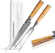 FUJUNI Carving Knife and Fork Set for Meat Turkey - Set of 2 with 9 inch Damascus Slicing Carving Knife and 6 inch Fork - Damascus VG10 Steel 67-Layer - Natural Olive Wood Handle- Gift Box