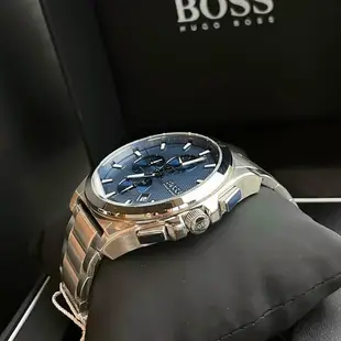 HUGO BOSS Grandmaster 藍色錶盤 銀色不鏽鋼錶帶 石英 三眼計時 男士手錶 1513884