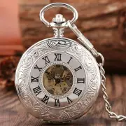 Men's Mechanical Pocket Watch Roman Numerals Dial Skeleton Fob Watches Silver