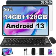 Tablet 10 Inch with 14GB RAM,Android 13 Tablet 2 in 1 Octa Core 128GB ROM 2.4G/5G WiFi Camera 8MP+5MP,Tablet with Keyboard,Silver