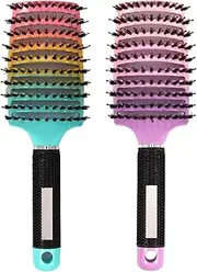 2 Pack Boar Bristle Hair Brush for Wet and Dry Hair, Comfortable Detangling Brush Getting Knots Out without Pain, Vented and Curved Hair Brush for Women Men Kids
