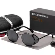 BARCUR Polarized Steampunk Round Sunglasses Men Retro Sun Glasses For Women Vintage Style Black Gray