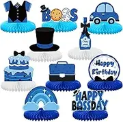 SATINIOR 10 Pcs Boss Boys Birthday Decorations Boss Centerpiece Table Decor Blue Theme Happy Birthday Honeycomb Centerpieces for Newborn Boys Boss's Day Birthday Party