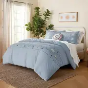 LIGHT BLUE Wild Sage Alana Geometric Embroidered 100% Cotton KING Comforter Set