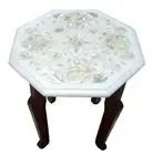 White Marble Corner Table Top Inlay Work Side Table with Wooden Stand