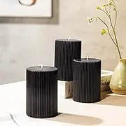 Ribbed Pillar Candles 3x4'' Unscented Modern Home Décor Handmade (3 Packs, Black)