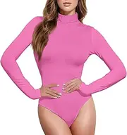 [Caihoyu] Hot Pink Solid Color Pure Plain long sleeve Bodysuit for Women Shapewear Top Cute Tops for Women Mock Turtle Neck, Color 1