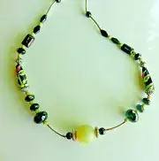 VTG Venetian Murano Red-Green-Black Hand Blown Glass Bead~Faceted Onyx Necklace