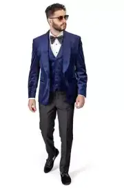 Slim Fit Navy Velvet Shawl Label 3Piece Vested Tuxedo Black Flat Fron Pants AZAR