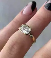 2Ct Emerald-Cut VVS1 Moissanite Bezel Set Anniversary Ring Solid 14k Yellow Gold
