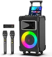JYX Karaoke Machine with 2 Wireless Microphones for Adults, 10" Subwoofer Portable Bluetooth Karaoke Speaker with Party Lights & Bass/Treble/Echo Adjustment, Supports TWS/USB/TF Card/AUX/REC