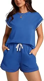 [Bellcoco] Women's Two Piece Lounge Sets Casual Summer Short Sleeve Tops Matching Shorts Drawstring Short Sets