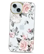 Clear Case Compatible with iPhone 15 Glitter Plating Flower Design Rose Pink