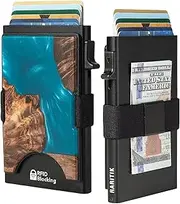 [RARITIK] Slim Smart Card Holder Wallet for Men, RFID Blocking Minimalist Metal Pop Up Wallet, Expandable Compact Plate, Holds 12+ Cards,Cash Strap/Money Clip (Black), Resin Light Blue, Modern