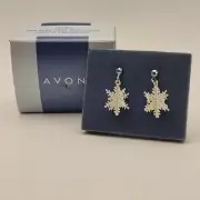 Vintage Avon 2000 Snowflake + Rhinestone Drop Earrings Pierced NEW In Box