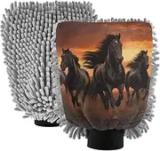 XYMZR Herd Black Horses Sunset Absorbent Microfiber Car Wash Mitt, Funny Cute Anime Scratch Free for Cars Cleaning, Home Cleaning Mitts, 2 Pack, 10.24” L x 7.09” W