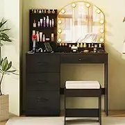 Giantex Makeup Vanity Desk with Mirror and Lights, Dressing Table and Stool Set with Charging Station, 3-Color Adjustable LED Lights, 4 Drawers and Open Storage Shelves, 100 x 40 x 140 cm (Black)