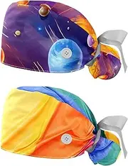 [YTYVAGT] 2-Pc,Nurse Scrub Caps,Scrub Hats with Buttons and Cotton Sweatband,Bright Planets of Solar System