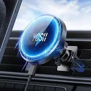 YOSH Mag-Safe Car Charger Mount, 15W Fastest Charging & 16x N52 Magnets New Magnetic Wireless iPhone Car Charger Air Vent, Perfect for iPhone 15/14/13/12 Series & MagSafe Case with Double Lock Clips