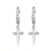 .925 Sterling Silver Religious Cross Milgrain Cuban Link Huggie Earrings