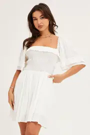 White Mini Dress Short Sleeve - Size 10, Women's Skater Dress