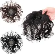 7" Curly Hair Crown Topper Clip in Hair Topper 2.8x3.2" Lightweight Silk Base Closure Short Curly Hair Topper For Women Small Top Hair Pieces With Curly Bangs Invisible Top Wig Pieces Natural Black