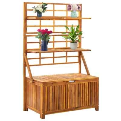Outdoor Storage Box with Trellis Flowers Herbs Wood Planter Garden Tools Bench