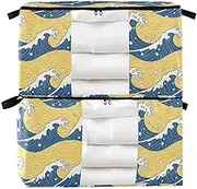 Blue and Gold Japanese Waves 60/95 L zippered under bed storage drawers with Reinforced Handles, clear window organizer for bedroom for Clothing, Blanket, Bed Sheets, Pillows