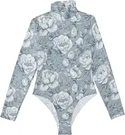 [Amooorous] Vintage Blue and White Roses long sleeve Sexy Tops for Women Body Suit Shapewear Tummy Control Going Out Tops for Women Turtleneck Jumpsuit M, Vintage Blue and White Roses