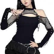 [Maeau] Black Punk Top Women Gothic Tank Top Long Sleeve Y2K Crop Top Mesh Blouse T-Shirt Casual Patchwork Tops for Club S M L