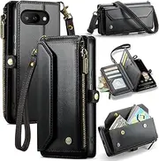 [ELEPIK] for Google Pixel 9a Case, Adjustable Crossbody Wallet Case with Card Holder, Kickstand, [RFID Blocking] [Crossbody & Wrist Strap] Durable PU Leather Magnetic Phone Case, Black